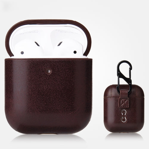 For AirPods 1 & 2 Anti-fall Crazy Horse Texture PU Leather Protective Case with Carabiner(Coffee)