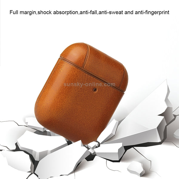 For AirPods 1 & 2 Anti-fall Crazy Horse Texture PU Leather Protective Case with Carabiner(Coffee)
