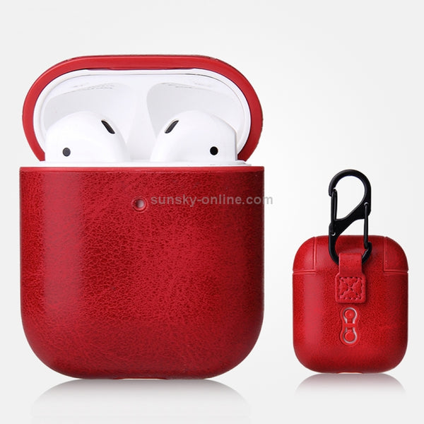 For AirPods 1 & 2 Anti-fall Crazy Horse Texture PU Leather Protective Case with Carabiner(Red)