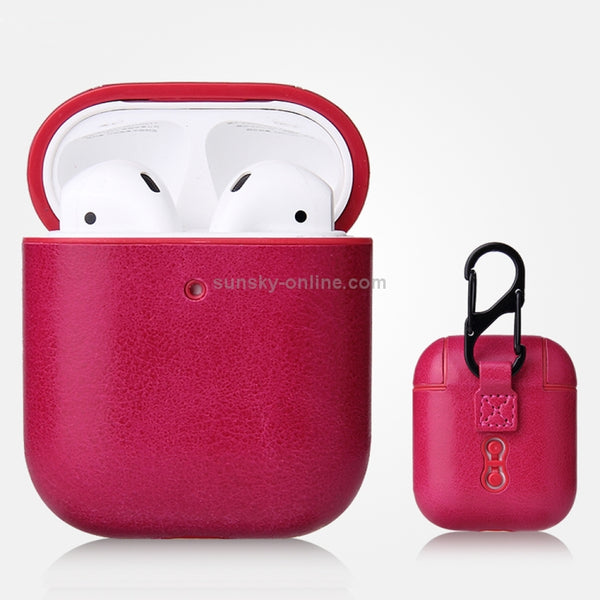 For AirPods 1 & 2 Anti-fall Crazy Horse Texture PU Leather Protective Case with Carabiner(Rose Red)