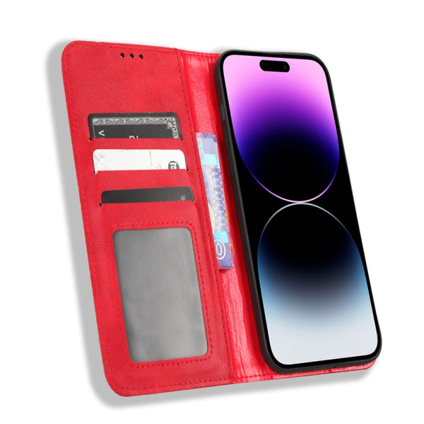 For iPhone 14 Pro Max Magnetic Buckle Retro Texture Leather Phone Case(Red)