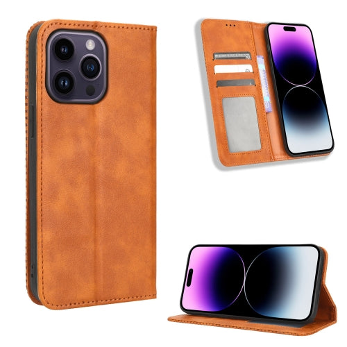 For iPhone 14 Pro Max Magnetic Buckle Retro Texture Leather Phone Case(Brown)