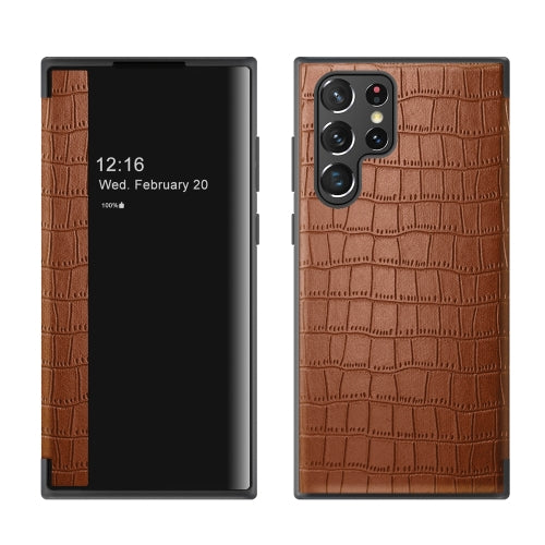 For Samsung Galaxy S23 Ultra 5G Crocodile Texture Window View Leather Phone Case(Brown)