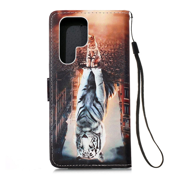 For Samsung Galaxy S23 Ultra 5G Colored Drawing Pattern Plain Weave Leather Phon...(Cats And Tigers)