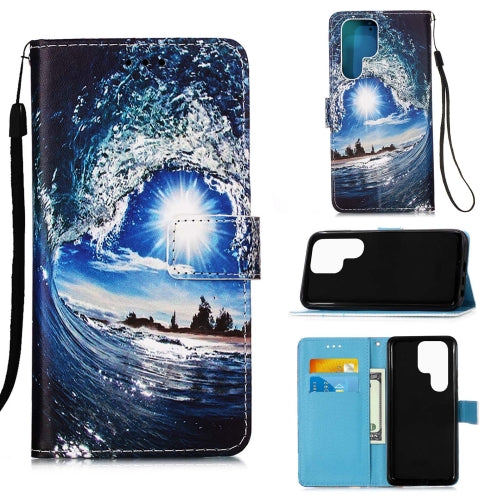 For Samsung Galaxy S23 Ultra 5G Colored Drawing Pattern Plain Weave Leather Phone ...(Waves And Sun)