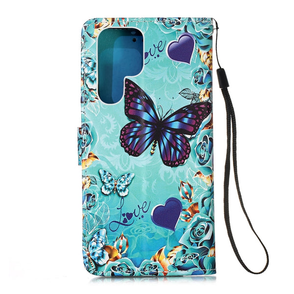 For Samsung Galaxy S23 Ultra 5G Colored Drawing Pattern Plain Weave Leather Pho...(Caring Butterfly)