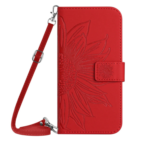 For Xiaomi 13 HT04 Skin Feel Sun Flower Embossed Flip Leather Phone Case with Lanyard(Red)