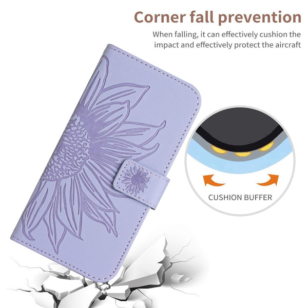 For Xiaomi 13 HT04 Skin Feel Sun Flower Embossed Flip Leather Phone Case with Lanyard(Purple)