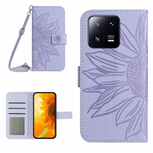 For Xiaomi 13 HT04 Skin Feel Sun Flower Embossed Flip Leather Phone Case with Lanyard(Purple)