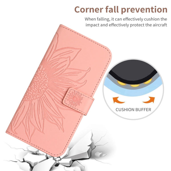 For Xiaomi 13 HT04 Skin Feel Sun Flower Embossed Flip Leather Phone Case with Lanyard(Pink)