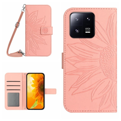 For Xiaomi 13 HT04 Skin Feel Sun Flower Embossed Flip Leather Phone Case with Lanyard(Pink)