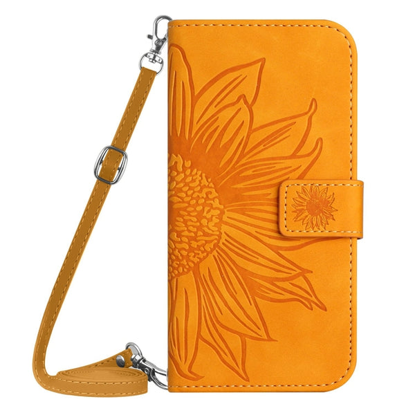 For Xiaomi 13 HT04 Skin Feel Sun Flower Embossed Flip Leather Phone Case with Lanyard(Yellow)