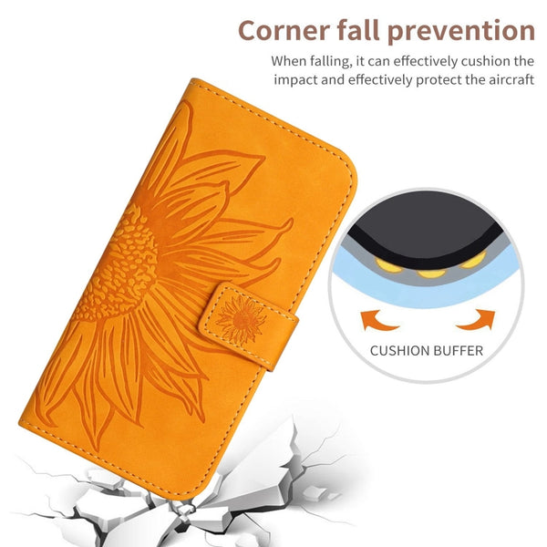 For Xiaomi 13 HT04 Skin Feel Sun Flower Embossed Flip Leather Phone Case with Lanyard(Yellow)