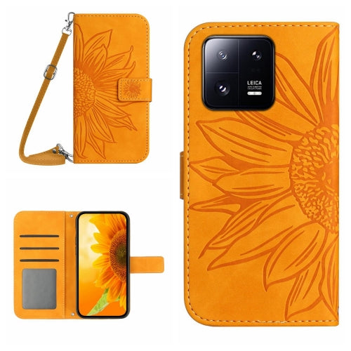 For Xiaomi 13 HT04 Skin Feel Sun Flower Embossed Flip Leather Phone Case with Lanyard(Yellow)