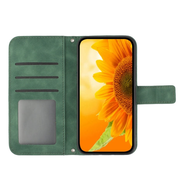 For Xiaomi 13 HT04 Skin Feel Sun Flower Embossed Flip Leather Phone Case with Lanyard(Green)