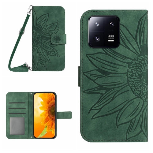 For Xiaomi 13 HT04 Skin Feel Sun Flower Embossed Flip Leather Phone Case with Lanyard(Green)