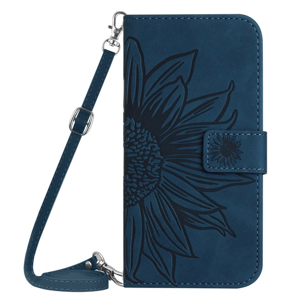 For Xiaomi 13 HT04 Skin Feel Sun Flower Embossed Flip Leather Phone Case with Lanyard(Inky Blue)