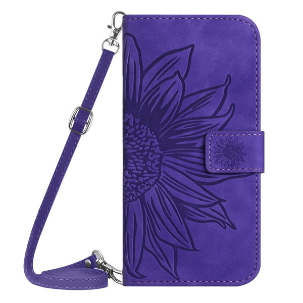 For Xiaomi 13 HT04 Skin Feel Sun Flower Embossed Flip Leather Phone Case with Lanyard(Dark Purple)