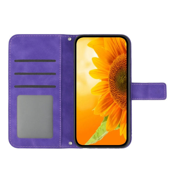 For Xiaomi 13 HT04 Skin Feel Sun Flower Embossed Flip Leather Phone Case with Lanyard(Dark Purple)