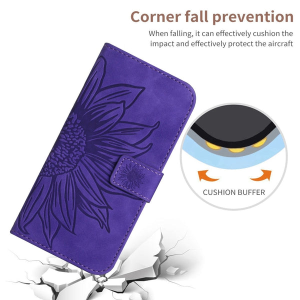 For Xiaomi 13 HT04 Skin Feel Sun Flower Embossed Flip Leather Phone Case with Lanyard(Dark Purple)