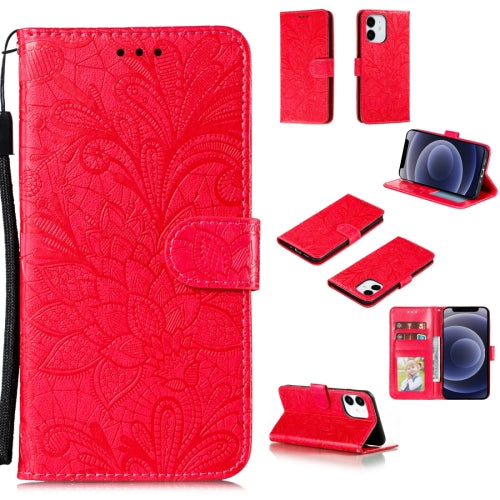 For iPhone 12 mini Lace Flower Horizontal Flip Leather Case with Holder & Card Slots & Walle...(Red)