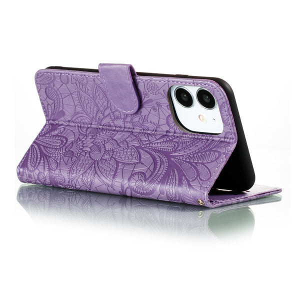 For iPhone 12 mini Lace Flower Horizontal Flip Leather Case with Holder & Card Slots & Wa...(Purple)