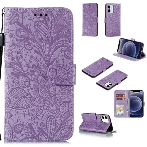 For iPhone 12 mini Lace Flower Horizontal Flip Leather Case with Holder & Card Slots & Wa...(Purple)