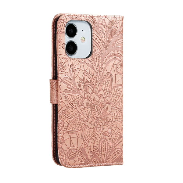 For iPhone 12 mini Lace Flower Horizontal Flip Leather Case with Holder & Card Slots &...(Rose Gold)