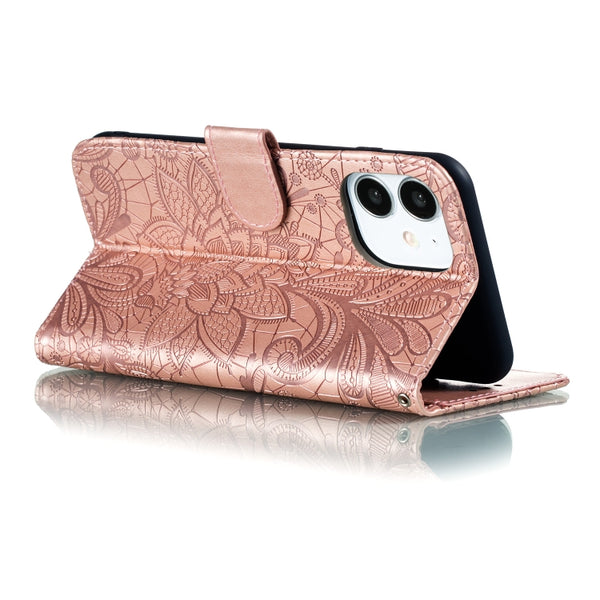 For iPhone 12 mini Lace Flower Horizontal Flip Leather Case with Holder & Card Slots &...(Rose Gold)
