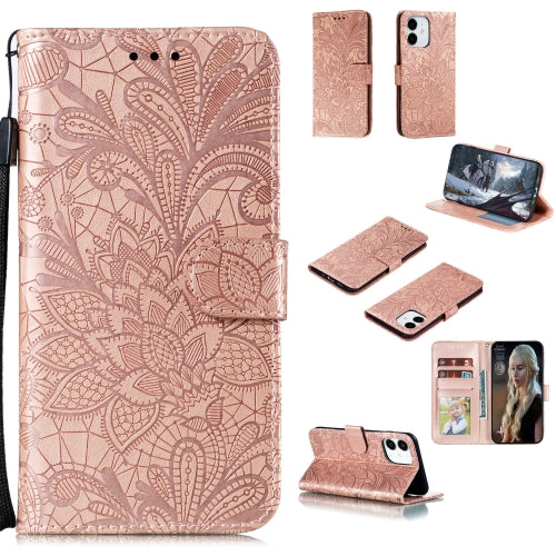 For iPhone 12 mini Lace Flower Horizontal Flip Leather Case with Holder & Card Slots &...(Rose Gold)