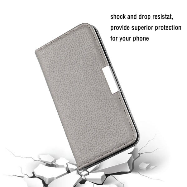 For iPhone 12 12 Pro Litchi Texture Horizontal Flip Leather Case with Holder & Card Slots(Grey)