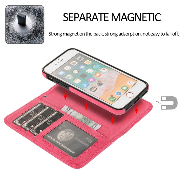 For iPhone SE 2022 SE 2020 8 7 KLT888-2 Retro 2 in 1 Detachable Magnetic Horizontal Fli...(Rose Red)