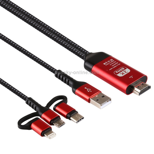 3 in 1 Micro USB USB-C Type-C 8 Pin to HDMI HDTV Cable(Red)