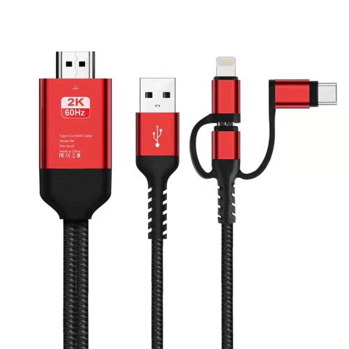 3 in 1 Micro USB USB-C Type-C 8 Pin to HDMI HDTV Cable(Red)