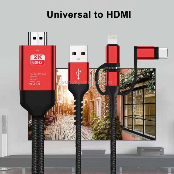 3 in 1 Micro USB USB-C Type-C 8 Pin to HDMI HDTV Cable(Red)