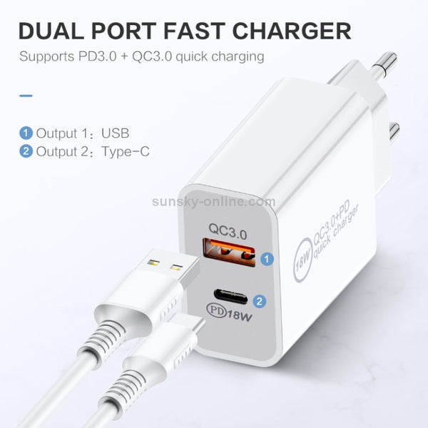 FLOVEME 18W PD QC 3.0 Dual USB Travel Fast Charger Power Adapter, EU Plug(White)