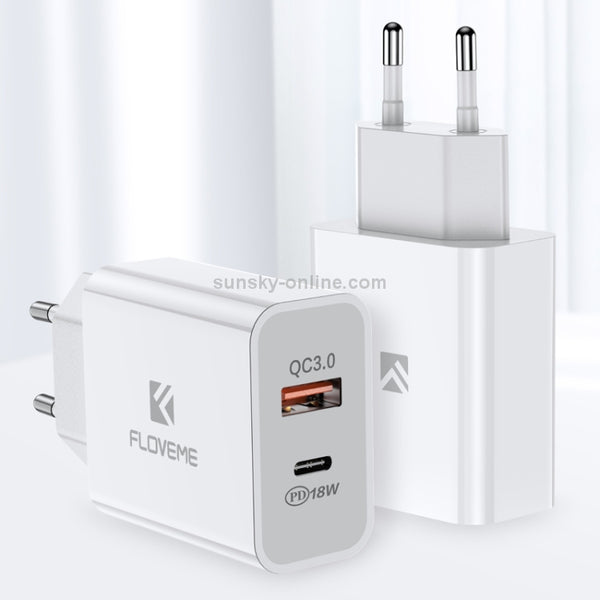 FLOVEME 18W PD QC 3.0 Dual USB Travel Fast Charger Power Adapter, EU Plug(White)