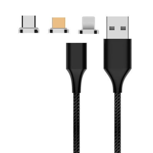M11 3 in 1 3A USB to 8 Pin Micro USB USB-C Type-C Nylon Braided Magnetic Data Cable, Cable...(Black)