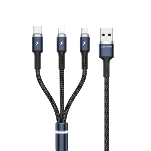 WK WDC-1191.2m 2.4A 3 in 1 USB to 8Pin Micro USB USB-C Type-C Fython Luminous Charging Cable(Black)