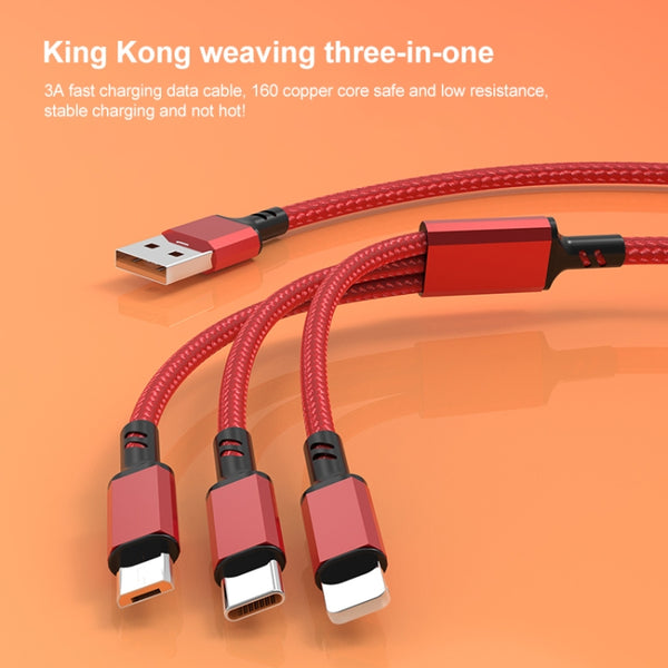 Orange Plug 3A 3 in 1 USB to Type-C 8 Pin Micro USB Fast Charging Cable, Cable Length: 1.2m(Blue)