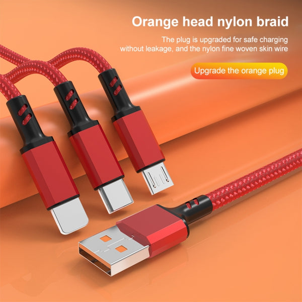 Orange Plug 3A 3 in 1 USB to Type-C 8 Pin Micro USB Fast Charging Cable, Cable Length: 1.2m(Blue)