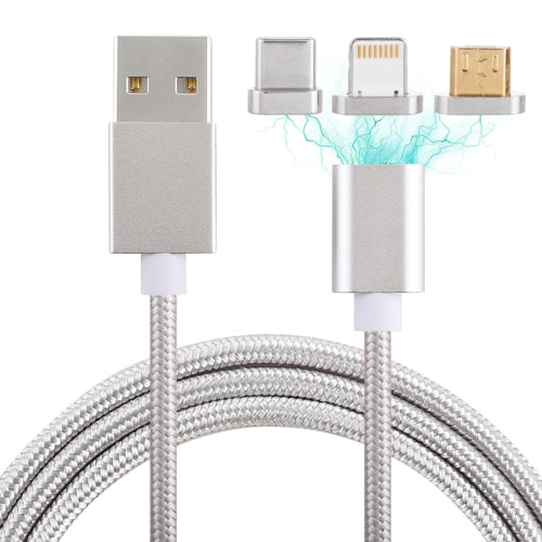 1m 3 in 1 USB to Micro USB and 8 Pin and USB-C Type-C Magnetic Detachable Cable(Silver)