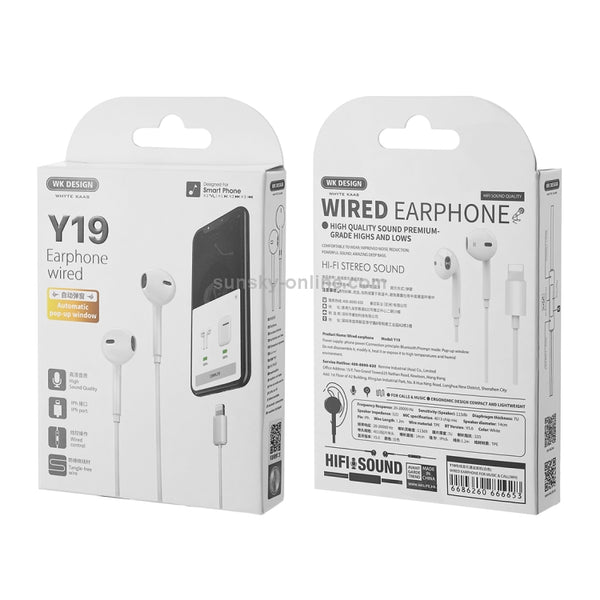WK Y19 8 Pin In Ear Wired Control Music Earphone, Support Call, Cable Length: 1.2m (White)