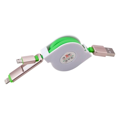 1m 2 in 1 Multi-functional Retractable 8 Pin & Micro USB to USB Data Charger Cable(Green)