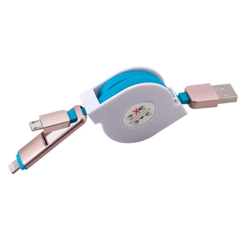 1m 2 in 1 Multi-functional Retractable 8 Pin & Micro USB to USB Data Charger Cable(Blue)