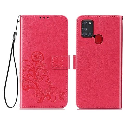 For Samsung Galaxy A21s Four-leaf Clasp Embossed Buckle Mobile Phone Protection Leather ...(Magenta)