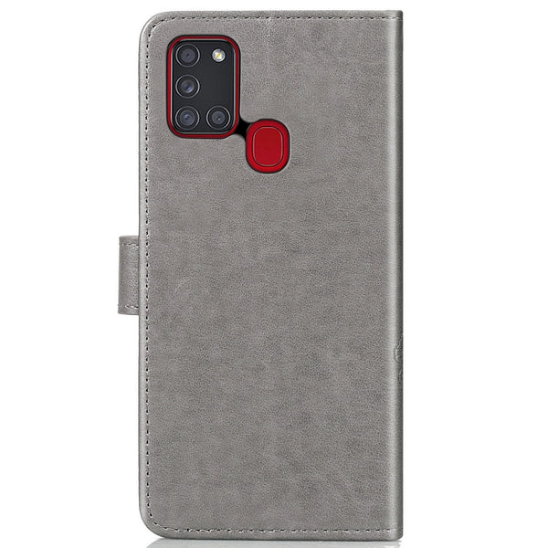 For Samsung Galaxy A21s Four-leaf Clasp Embossed Buckle Mobile Phone Protection Leather Cas...(Gray)