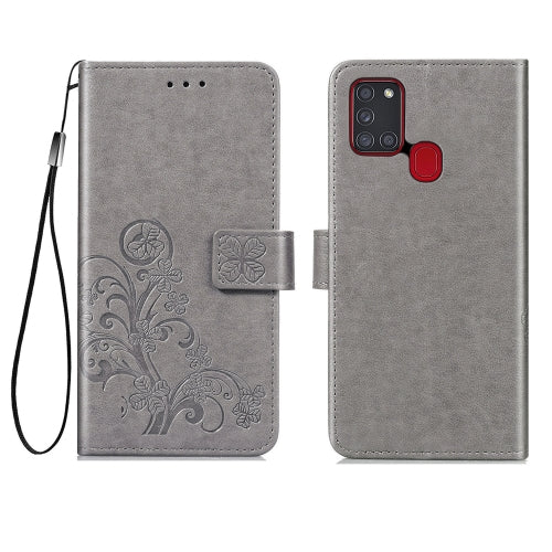 For Samsung Galaxy A21s Four-leaf Clasp Embossed Buckle Mobile Phone Protection Leather Cas...(Gray)
