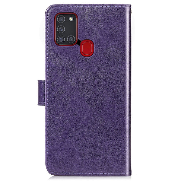 For Samsung Galaxy A21s Four-leaf Clasp Embossed Buckle Mobile Phone Protection Leather C...(Purple)