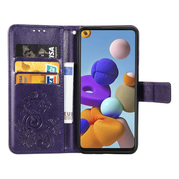 For Samsung Galaxy A21s Four-leaf Clasp Embossed Buckle Mobile Phone Protection Leather C...(Purple)